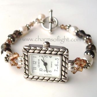 Smokey Quartz, Pearl & Crystal Watch Bracelet